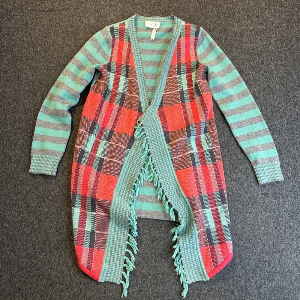 Matilda Jane Steadfast Open Front Cardigan Plaid Striped Fringe Teal Girls Sz 8 - Picture 2 of 16